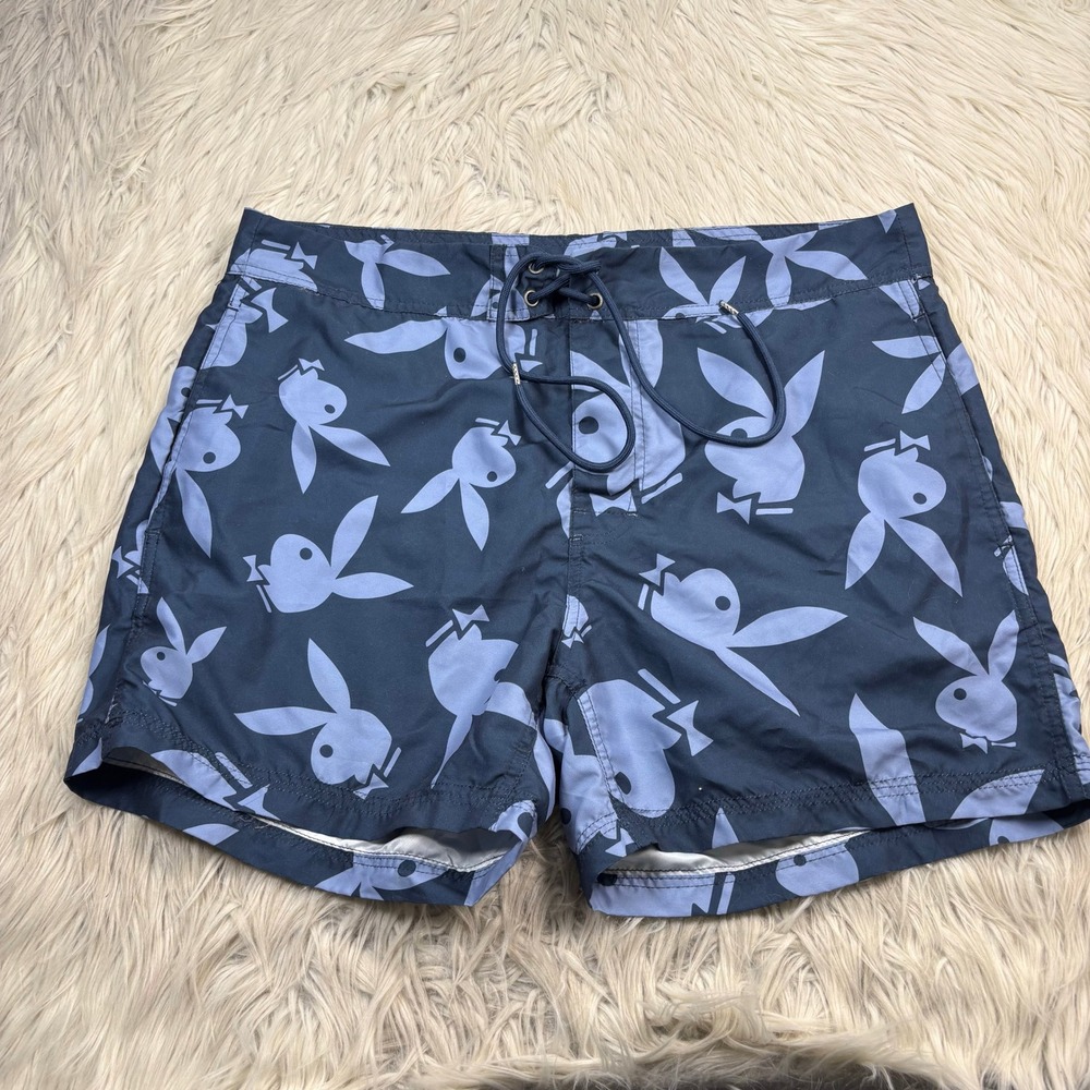 Playboy x Pacsun Men's XL Blue Bunny Logo Printed Swim Trunks Shorts Resort